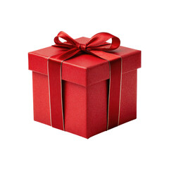 Obraz premium A vibrant red gift box, meticulously wrapped with a crimson ribbon and a symmetrical bow. The box is a perfect cube, solid in color and sharply defined against a black background. 