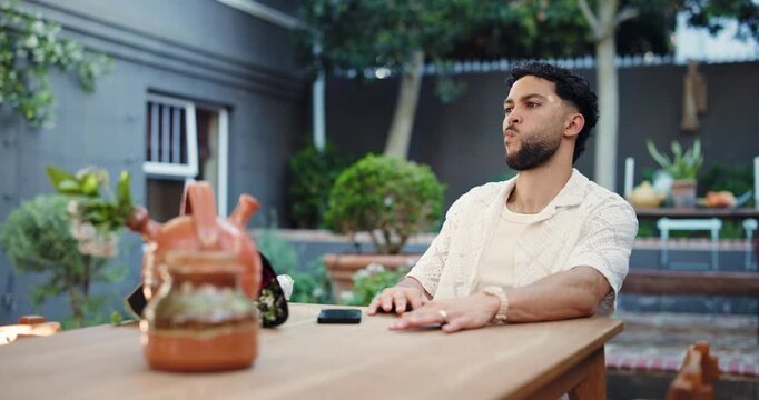 Phone, late and frustrated with man in restaurant for online dating crisis, time management and waiting. Lunch reservation, cancel appointment and nervous with person at tablet for fail and annoyed