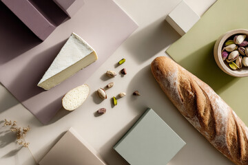 Flat lay illustration featuring a wedge of brie, sliced pear, broken baguette, and scattered pistachios arranged on pastel geometric backgrounds with minimalist design elements and soft textures