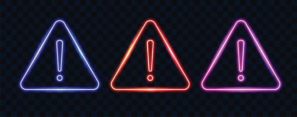Three glowing neon warning signs with exclamation marks in blue orange and pink on a dark checkered background © PixelOriel