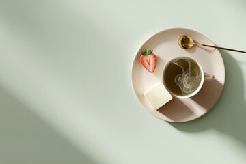 Minimalist flat lay featuring a steaming teacup, a slice of sponge cake, a fresh strawberry, and a golden teaspoon on a pastel background, creating a serene and inviting atmosphere with copy space