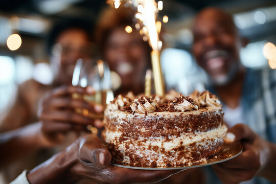 close-up group celebrating small achievement, friends cheering holding cake with candles, emotional joy, 