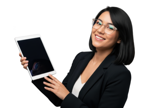 Smiling young professional woman wearing glasses holding a tablet computer in a studio against a black background