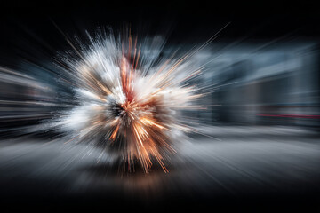 Explosive burst of energy captured in motion, showcasing dynamic particles and vivid colors, creating an intense visual experience of power and impact