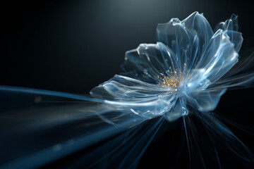 Ethereal translucent flower with delicate petals and shimmering details, gracefully floating against a dark backdrop, showcasing beauty and elegance in a surreal composition