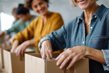 close-up friends volunteering together packing donation boxes, supportive teamwork, warm connection, 