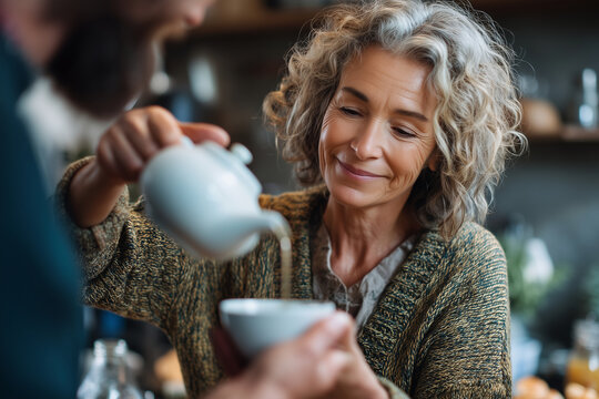 close-up friend pouring tea for another during heartfelt chat, warm kitchen light, emotional support, 