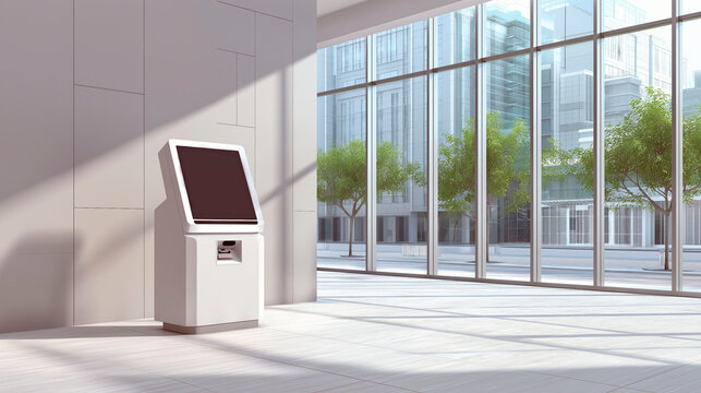 Modern self-service kiosk with blank touchscreen display in bright lobby with large glass windows and cityscape view