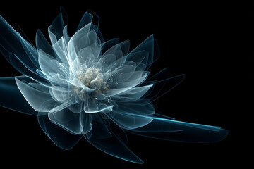 Ethereal blue flower illustration with translucent petals and intricate details, radiating beauty and elegance against a dark background, symbolizing tranquility and nature's artistry