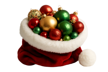 Santa sack filled with Christmas ornaments. Christmas designs. Holiday cards. Winter projects.