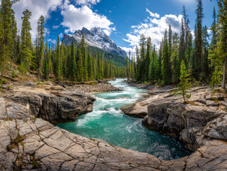 Turquoise mountain river flowing through rocky canyon surrounded by lush green pine forest under partly cloudy blue sky in serene wilderness landscape