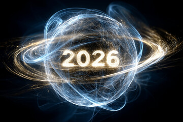 A glowing sphere of light particles forming "2026" at the center, surrounded by swirling luminescent energy lines in blue and gold.
