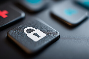 A close-up on a digital lock and key icon on a screen, symbolizing automated health data security. 