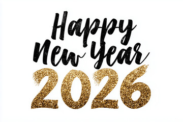 PNG isolated "Happy New Year 2026" gold script calligraphy with soft glitter edges and transparent background for branding overlays.