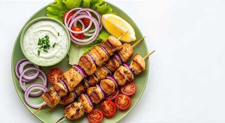 Grilled chicken skewers served on a green plate with fresh vegetables, creamy dip, and lemon slices, showcasing a vibrant and appetizing meal concept