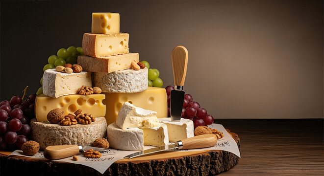 Assorted cheeses stacked elegantly on a wooden board, accompanied by grapes and nuts, showcasing a gourmet cheese platter concept for culinary enthusiasts and gatherings