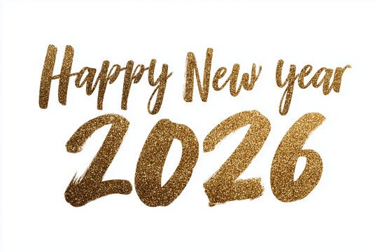 PNG isolated "Happy New Year 2026" gold script calligraphy with soft glitter edges and transparent background for branding overlays.