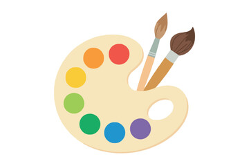 An artist's palette holds a rainbow of colors with two paintbrushes ready for use.