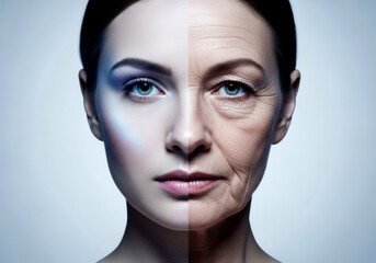 Close-up portrait dual-age woman face youthful left aged right with wrinkles texture cool-toned lighting on smooth pale-gray studio background