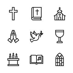 Religious icon set featuring cross, book, church, and dove in line art style