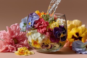 glass filled with bright flowers and clear water creating colorful floral scene in soft natural light