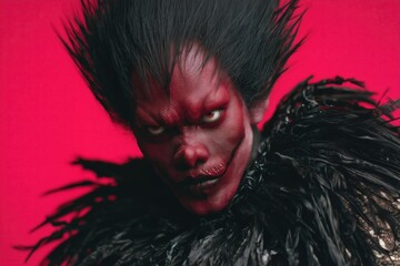 dark demon creature with red makeup and black feathers posing as scary monster in dramatic horror portrait