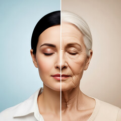 Conceptual split-image portrait of woman youth left senior right with closed eyes calm expression on clean studio background symbolizing time passage