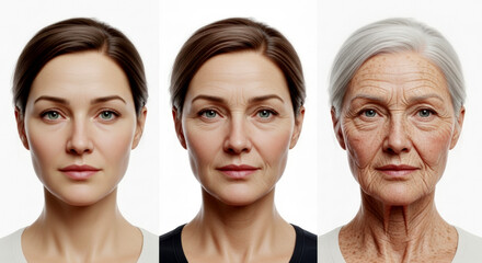 Digital composite of woman in young mature elderly aging stages with hyper-realistic skin and facial changes on bright white seamless background