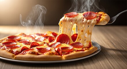 Delicious pepperoni pizza with melted cheese being pulled from a round metal tray, showcasing steam rising, inviting texture, and appetizing appearance for food lovers