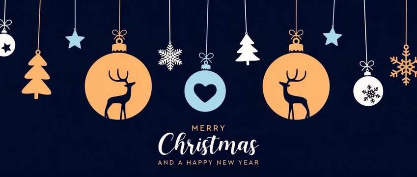 christmas greeting card with decorative christmas balls with reindeer illustrated animation