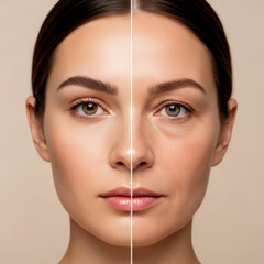 Front-facing beauty image split center with youthful smooth skin one side mature textured other on minimalist beige backdrop highlighting transformation