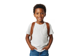A young black boy with a bright smile and a brown backpack stands confidently with his hands in his pockets against a plain black background