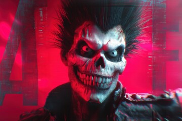 skull monster with wild hair and red light posing as dark horror character in intense surreal portrait
