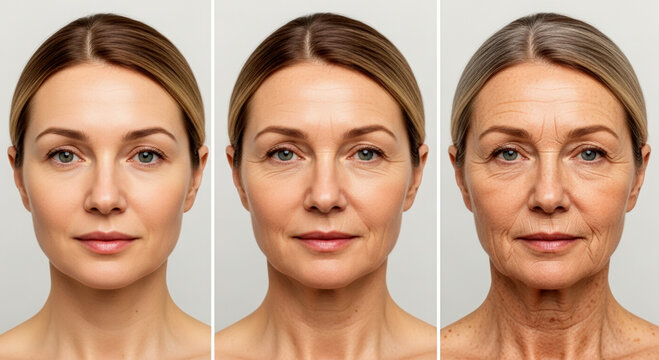 Front-facing portrait series of woman at three ages showing aging progression from youthful to wrinkled skin on neutral white background in clinical lighting