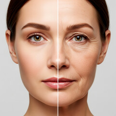 Hyper-detailed split-face image showing youth left old age right with skin changes fine lines wrinkles texture on neutral lighting symmetrical