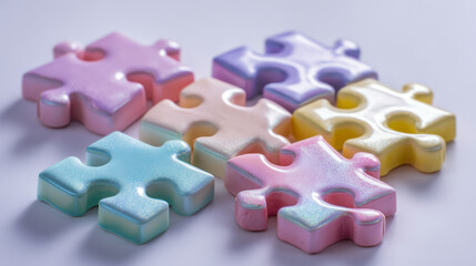 Shiny pastel-colored puzzle pieces arranged on a light surface with soft shadows creating a visually appealing abstract composition for creative design use