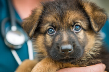 Adorable young dog with soulful eyes being held gently by a person wearing a teal outfit with a stethoscope, symbolizing veterinary care and compassion