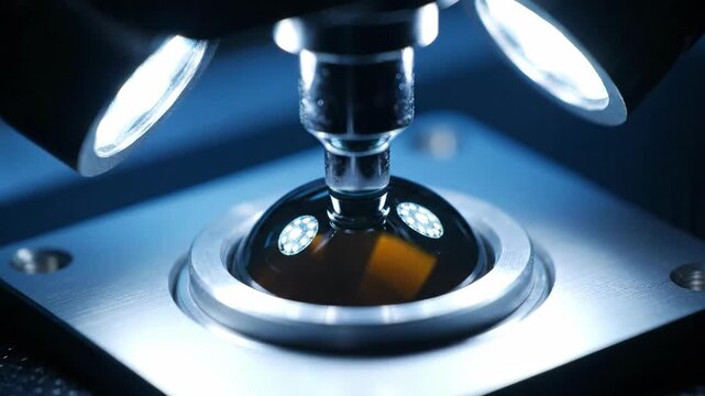 Close-up of a precision optical lens being inspected under bright lights in a laboratory setting. - Powered by Adobe