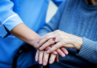 Image elderly woman hand with ruby ring supported by caregiver blue uniform in cool daylight with out focus backdrop contrasting textures support