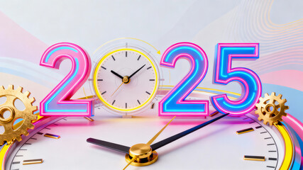 Imagem criativa representando uma contagem regressiva para o ano 2025, com números grandes e elementos de relógio em destaque, fundo abstrato elegante e cores vibrantes, sem presença de pessoas.