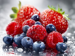 Fresh mixed berries including strawberries, raspberries, and blueberries with water droplets glistening, showcasing vibrant colors and juicy textures on a reflective