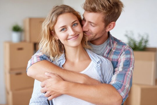 Young couple smiling and embracing in a cozy room filled with moving boxes, showcasing teamwork and connection while preparing to assemble furniture together