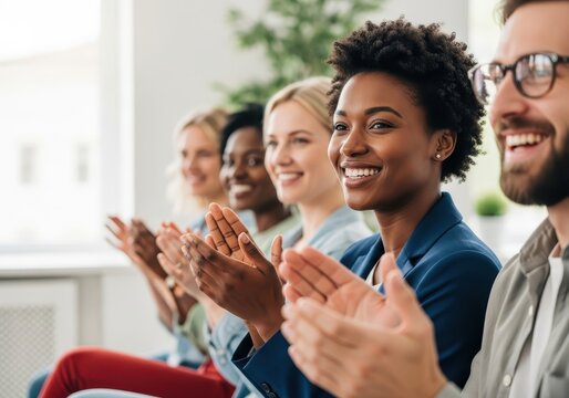 Enthusiastic diverse audience applauding at a business presentation, showing support and appreciation in office