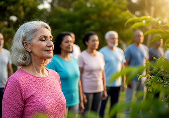 Outdoor photograph older adults wellness activity silver-haired woman pink top closed eyes serene blurred participants greenery harmony resilience