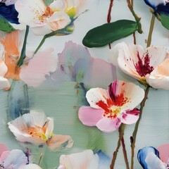 Seamless pattern of painted flowers with soft colors and delicate petals forming abstract floral art in vibrant nature scene
