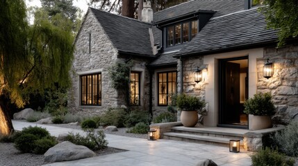 Exterior shot of a stone and black shingle house with modern farmhouse details, large front door, surrounded by lush greenery, with evening lighting. Architectural photography.
