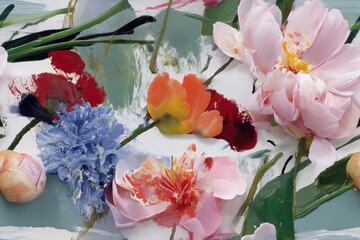 Seamless pattern of painted flowers with soft colors and delicate petals forming abstract floral art in vibrant nature scene