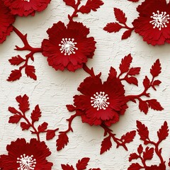 Seamless pattern of red flowers with delicate petals and green leaves forming elegant floral pattern in textured nature scene