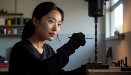 Cordless Power Tools concept. Craftswoman focused on drilling in a workshop environment.