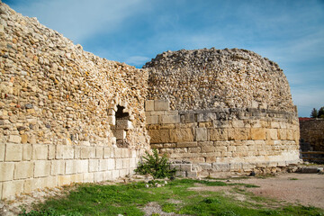 Round tower of the fortress wall of the ancient city on a clear sunny day, Chersonesos. Sights of Russia. Architecture of World tourism. © Victor1153